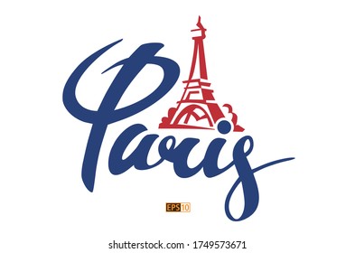 A two colour logo featuring hand drawn lettering of the word 'Paris' which is the capital city of France, along with a simplified version of the Eiffel Tower, a famous landmark