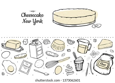 Two colour set cheesecake and ingredients for it black outline on white background