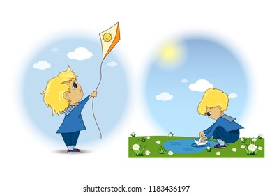 Two colour vector children's illustrations on a white background. The boy launches a kite. The boy lets the boat on the river.