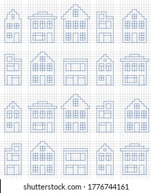 two coloured endless texture, showing cottage houses as if it were a weaving pattern, in Delft blue style. Pixel perfect to a grid, vector lines.