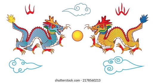 Two colourful Chinese dragon or loong long or lung with golden pearl or ball and Chinese clouds drawing in vector