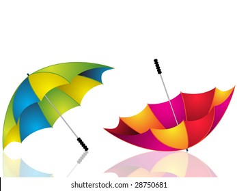 two colourful umbrellas reflected on a white glossy surface