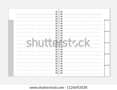 Two column dashed line notebook with tab dividers, vector mockup. Open spiral bound notepad with bookmarks template. Wirebound business diary mock up