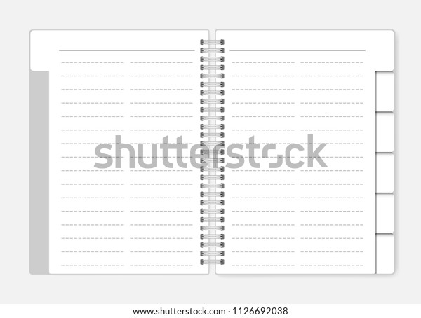 Two column dashed line notebook with tab
dividers, vector mockup. Open spiral bound notepad with bookmarks
template. Wirebound business diary mock
up