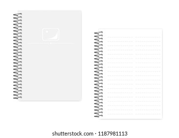 Two column dashed line spiral notebook with side perforation sheets, realistic vector mockup. Wire bound A5 size notepad, mock up. Loose leaf note book, template