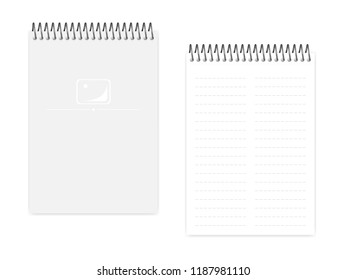 Two column dashed line top spiral notebook, realistic vector mockup. Wire bound A5 size notepad, mock up. Loose leaf note book, template
