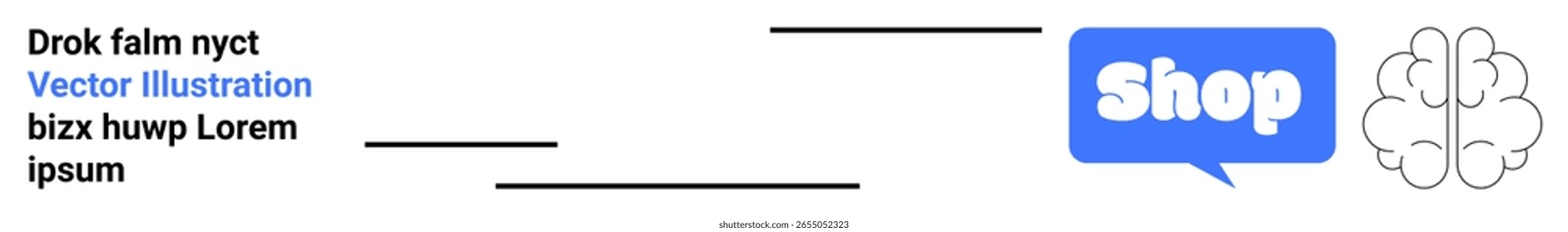 Dos columnas de texto negro sobre fondo blanco con la burbuja azul que contiene la tienda de la palabra y el dibujo simple de la línea del cerebro. Ideal para el comercio electrónico creatividad empresarial imaginación tecnología de aprendizaje en línea