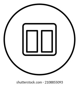 Two columns line icon inside circle, columns display, black outline, line icons.	