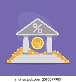 Two columns supporting percentage symbol, with coin and mound of gold coins beneath. Cryptocurrency concept