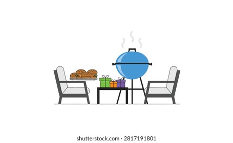 Two comfortable chairs sit beside a small table with burgers and gifts near a blue charcoal grill emitting smoke at an outdoor celebration.