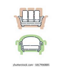 Two comfortable sofa with pillows. Flat illustration with settee on shape background. Modern stylish object for relaxation. Image of couch in line art style. Element furniture of the interior. Vector.