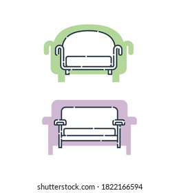 Two comfortable sofa with pillows. Flat illustration with settee on shape background. Modern stylish object for relaxation. Image of couch in line art style. Element furniture of the interior. Vector.