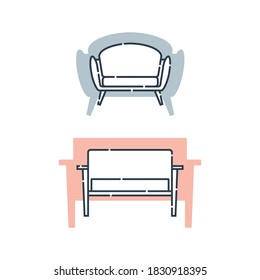 Two comfortable sofa with pillows. Flat illustration with settee on shape background. Modern stylish object for relaxation. Image of couch in line art style. Element furniture of the interior. Vector.