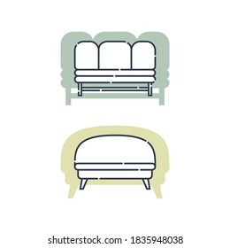 Two comfortable sofa with pillows. Flat illustration with settee on shape background. Modern stylish object for relaxation. Image of couch in line art style. Element furniture of the interior. Vector.