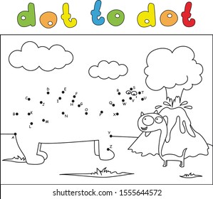 Two comic cartoon dinosaurs and volcano eruption. Coloring book and dot to dot educational game for kids