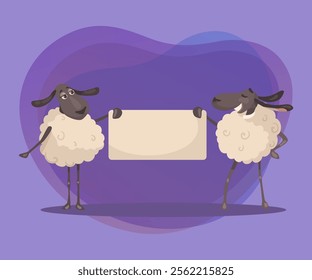 Two comic sheep holding empty banner vector illustration. Cartoon drawing of mammal characters with announcement on abstract background. Advertising, marketing, information, presentation concept