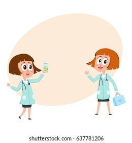 Two comic woman doctor characters holding medical box, medicine bottle, ready to help, cartoon vector illustration with space for text. Funny woman doctors, first aid concept, medical help