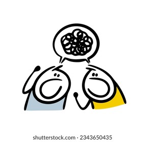 Two comics men hand drawn in doodle style are talking expressively, yelling and scolding each other. Vector illustration cartoon stickmans fight and hate. Isolated on white background.