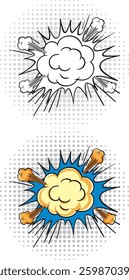 Two comic-style explosion graphics, colored and monochrome versions