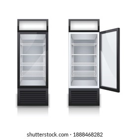 Two commercial bar drink fridges with one display door open and closed realistic set isolated vector illustration