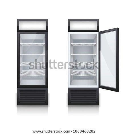 Two commercial bar drink fridges with one display door open and closed realistic set isolated vector illustration