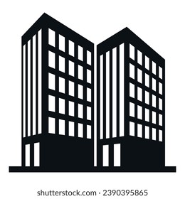 Two commercial building office skyscraper downtown modern architecture black icon isometric vector illustration. Residential apartment structure urban house with window and door construction