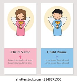 Two communion or baptism cards for a boy and a girl. Angels with chalice in hand