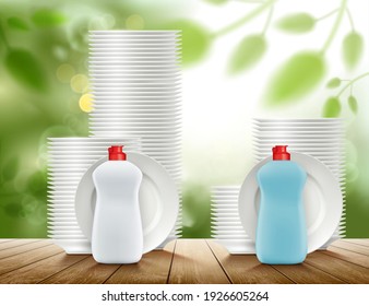 Two comparable detergent bottles with plates. Vector illustration.