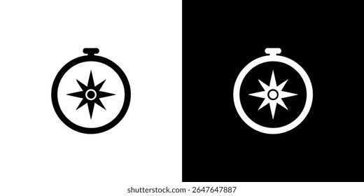 Dois ícones de bússola são exibidos, um com preto em um fundo branco e o outro com branco em preto, criando um contraste invertido. Perfeito para ajudas à navegação.