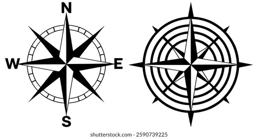 Two compass rose icons vector, one with cardinal directions and the other with concentric circles, both in black and white.