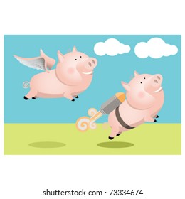 Two competing pigs; one flying with wings and the other using an attached rocket.