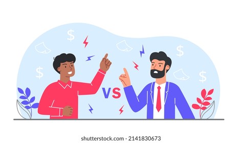 Two competitors arguing. Men point fingers at each other, negative emotions. Political debate and serious discussion. Boss and subordinate discussing finances. Cartoon flat vector illustration