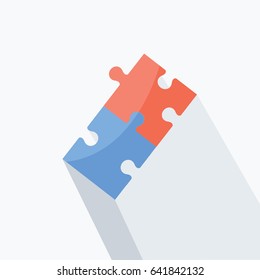 two complete puzzle pieces cartoon beautiful modern clean game connection vector isolated for technology or finance icon on flat design style with shadow on light background