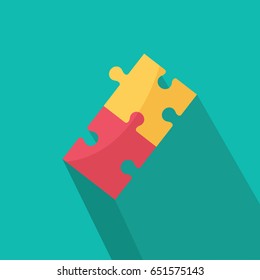 Two Complete Puzzle Pieces Cartoon Beautiful Modern Clean Game Connection Vector Isolated For Technology Or Finance Icon On Flat Design Style With Shadow On Turquoise Background