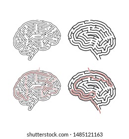 Two complicated mazes in brain shape, labyrinths with red path solutions isolated on white