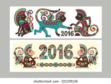 Two composition template layout specially for sublimation printing on standard mug in A4 format paper, original design collection for new year celebration with decorative ape and inscription - 2016