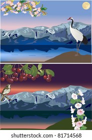 two compositions with birds near mountain lakes