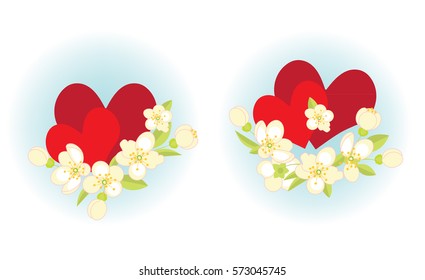 Two compositions with hearts and spring flowers