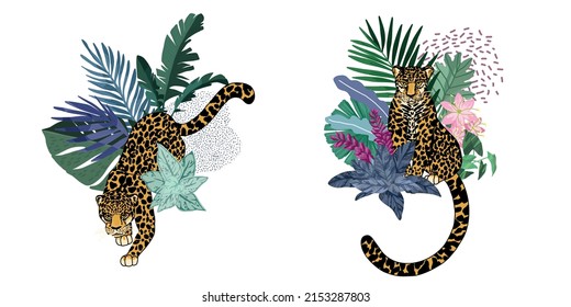Dos composiciones con leopardos y hojas tropicales, ilustración de vector dibujada a mano