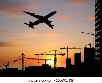 two compositions with plane above city landscapes