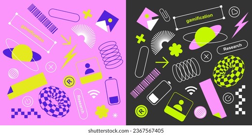 Two compositions with Trendy stickers. UI elements for illustration. Vaporwave geometric elements, Retro Synthwave shapes. Cyberpunk aesthetic, Flat graphic design. Neon colors, space, zine aesthetic.