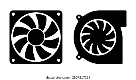Two computer cooling fans depicted as black silhouettes on a white background silhouette fan axial blower