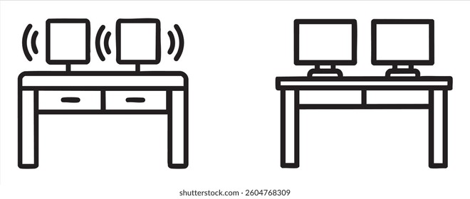 Two computer desks, one with speakers and one without, illustrating workspace setups.