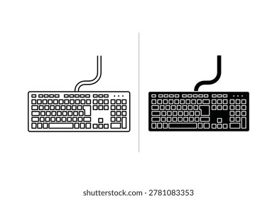 Two computer keyboards are shown side-by-side. One is a line art illustration, and the other is a solid silhouette. Both feature a standard QWERTY layout.