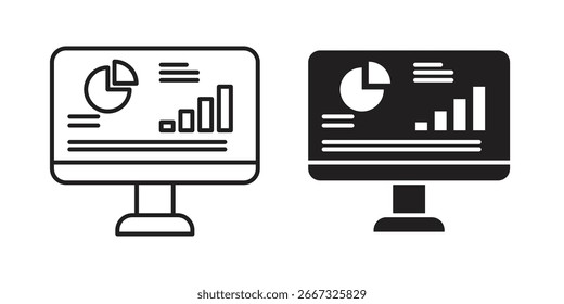 Two computer monitor icons displaying pie chart, bar graph, and data. Line art and solid black versions.