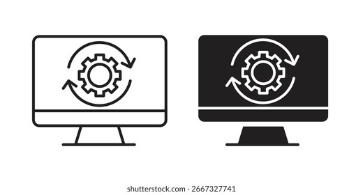 Two computer monitor icons displaying a gear with circular arrows, representing a process or workflow. One icon is line art, the other is solid black.