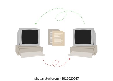 Two computer monitors and an arrow vector meaning network and data connection or copy data concept.