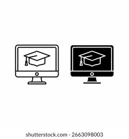 Dois monitores de computador exibem um ícone de tampa de graduação, simbolizando o aprendizado on-line.