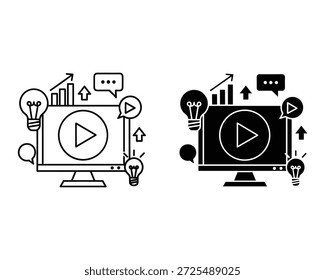 Two computer monitors with play buttons and various around them in black and white light bulb speech bubble