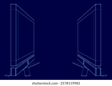 Two computer monitors are shown in a blue background. The monitors are not turned on, but they are still visible. Concept of emptiness and stillness, as if the monitors are waiting to be used